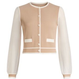 Rivir Organza Bloom Knit Cardigan w Balloon Sleeve in Tan/White
